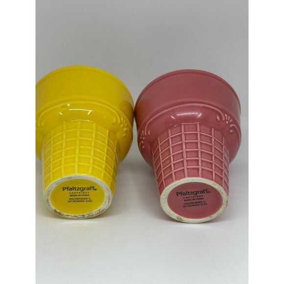 VTG Pfaltzgraff Ceramic Ice Cream Cone Cups Set 2 Yellow & Pink Planters 4"x4.5" - Picture 8 of 9